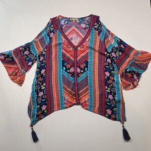 Democracy Women's Hippie Blouse Colorful Boho Size Small Ruched Bell Sleeves